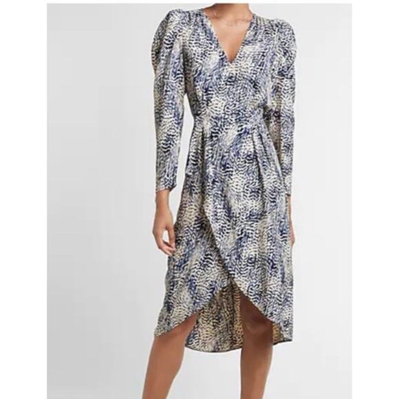 Express Printed Puff Sleeve Midi Dress Blue and White Women’s Size X-Large - Picture 1 of 14